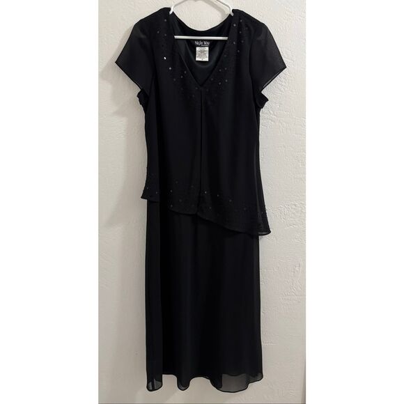 Vintage 80s Night Way Collections Black Chiffon Beaded Evening Maxi Dress 12 - Picture 1 of 9